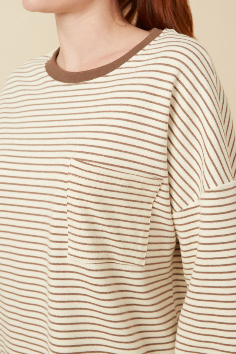 HY7404 Taupe Womens Soft Stripe Knit Contrast Banded Long Sleeve Tee Full Body