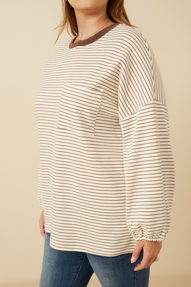 HY7404 Taupe Womens Soft Stripe Knit Contrast Banded Long Sleeve Tee Back