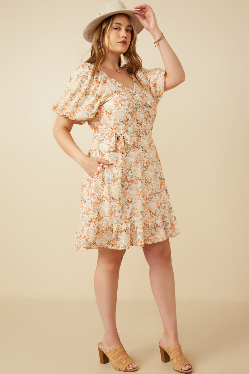 HY7421W Rust Plus Textured Needlepoint Floral Belted Wrap Dress Detail