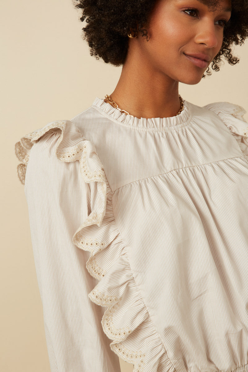 HY7431 TAUPE Womens Scallop Lace Detail Ruffled Poplin Top Full Body