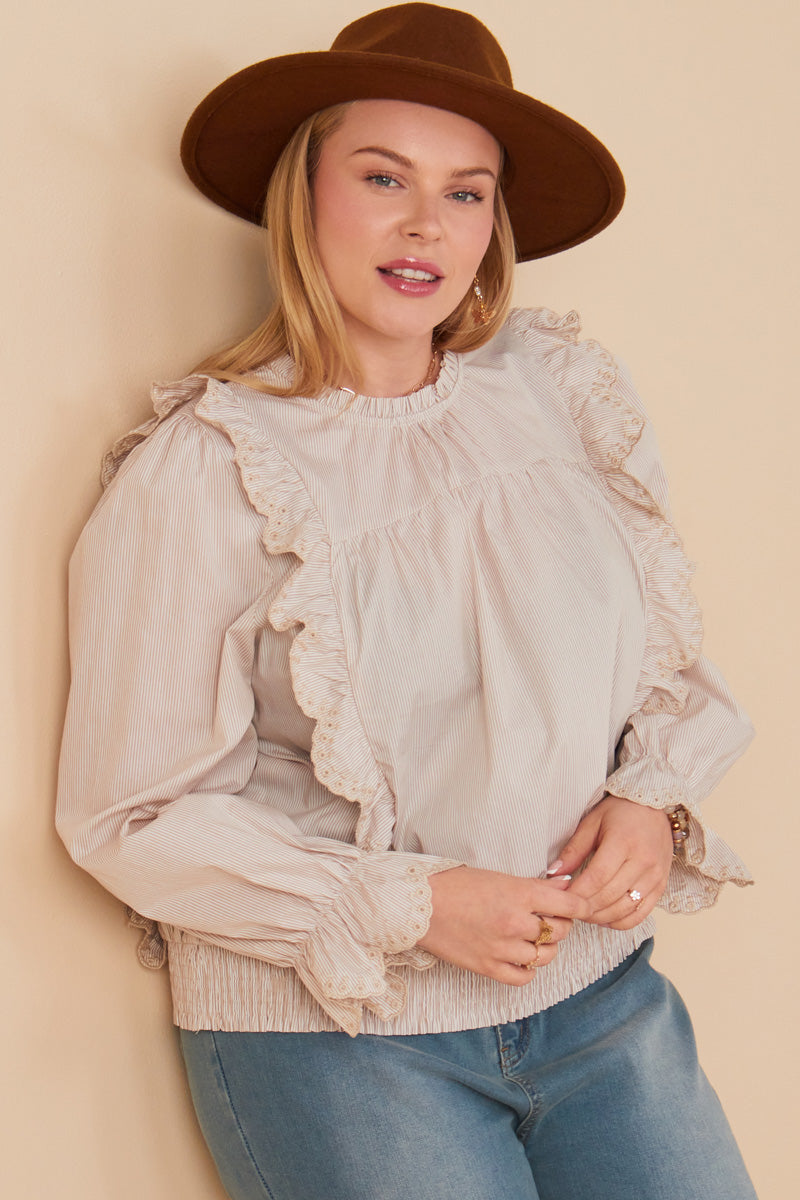 HY7431W Taupe Plus Scallop Lace Detail Ruffled Poplin Top Front