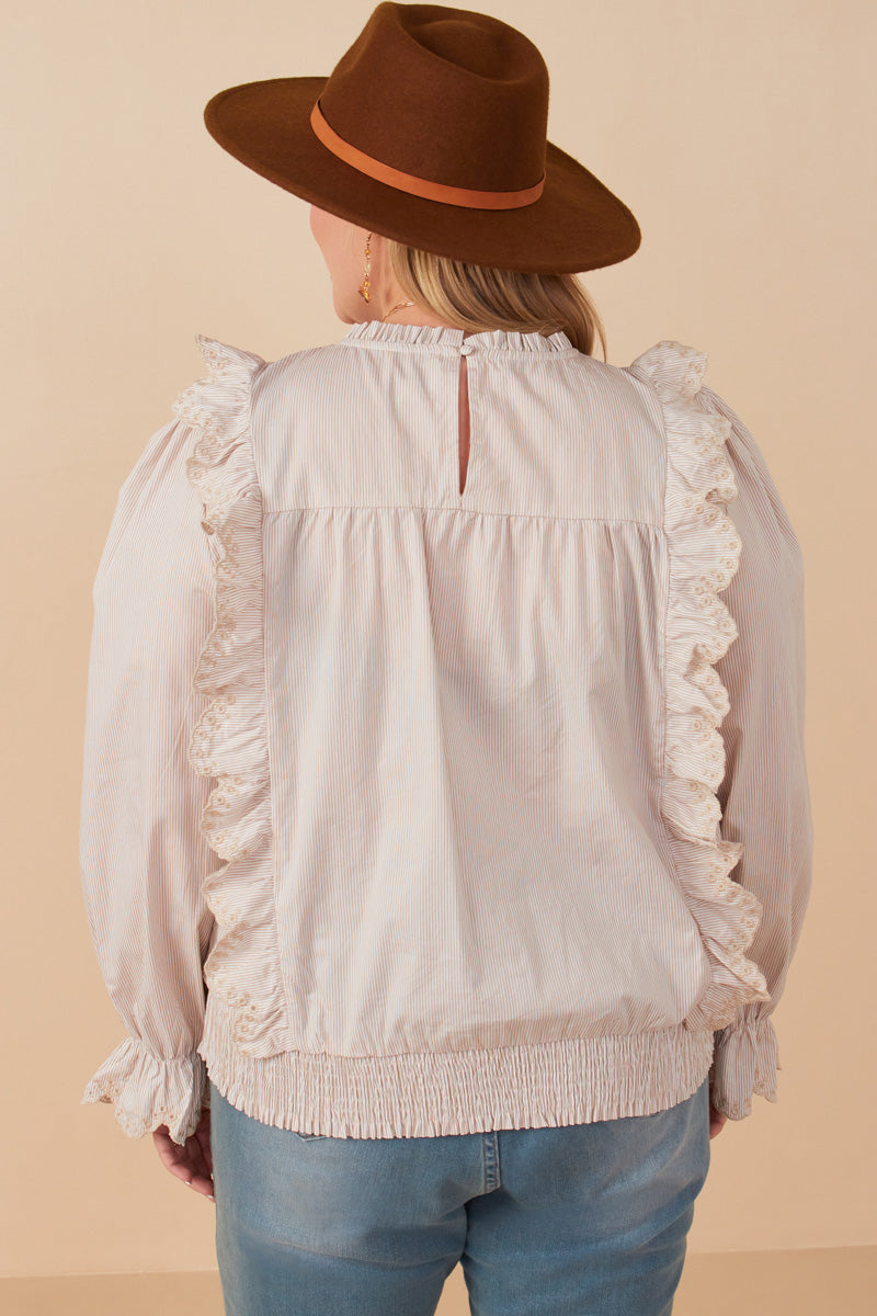 HY7431W Taupe Plus Scallop Lace Detail Ruffled Poplin Top Detail