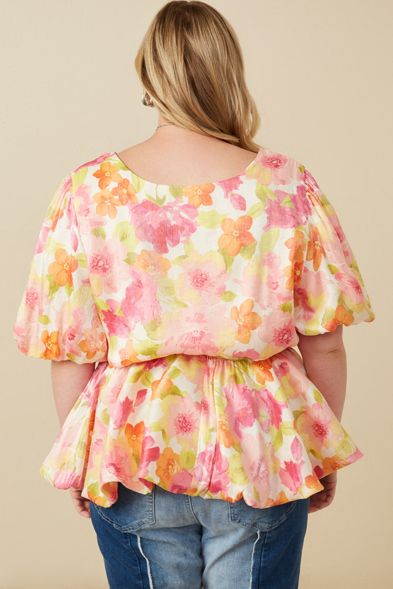 HY7533W Pink Mix Plus Satin Soft Floral Bubble Hem Foiled Peplum Top Full Body