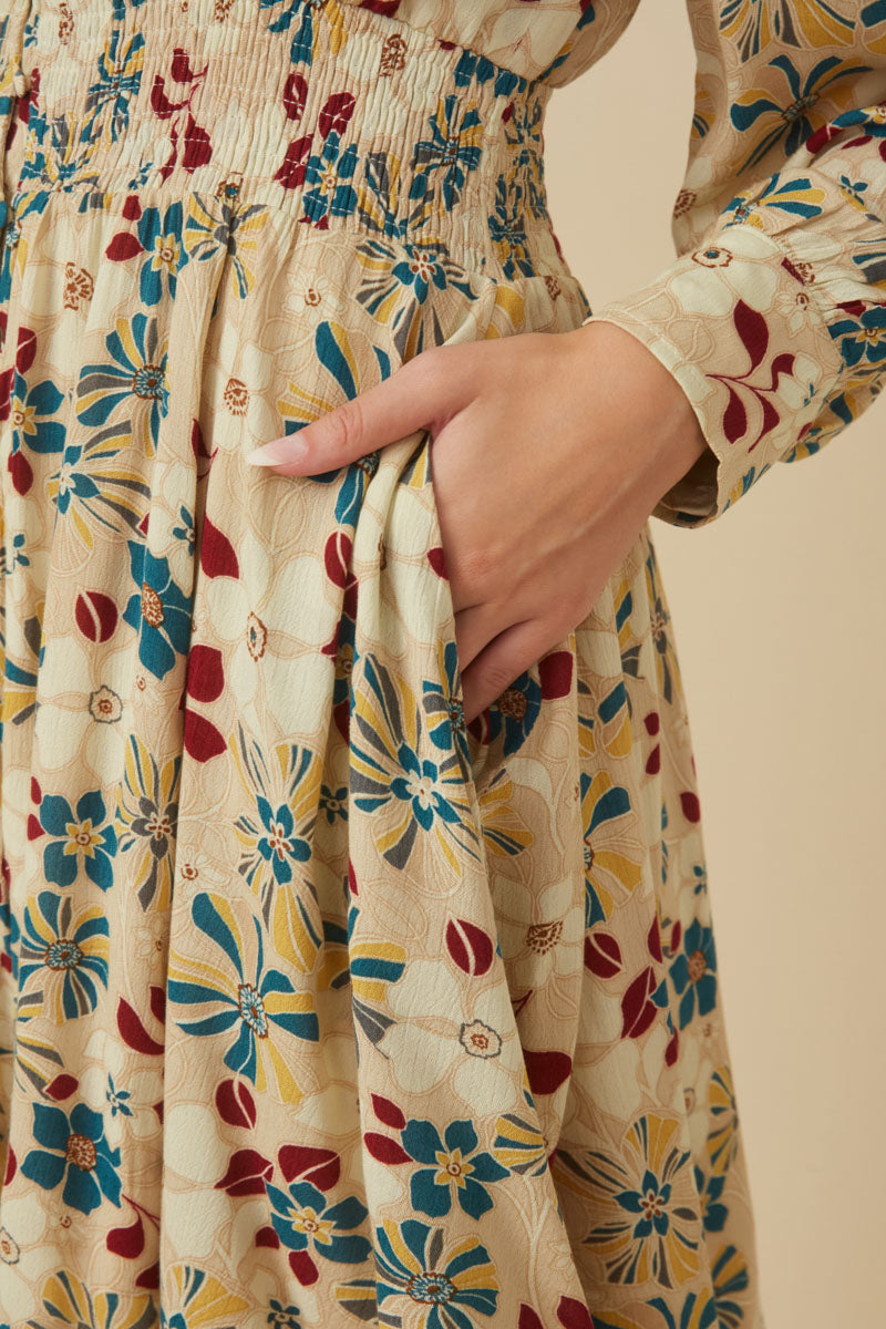 HY7540W Violet Plus Floral Print Button Up V Neck Smock Detail Dress Full Body