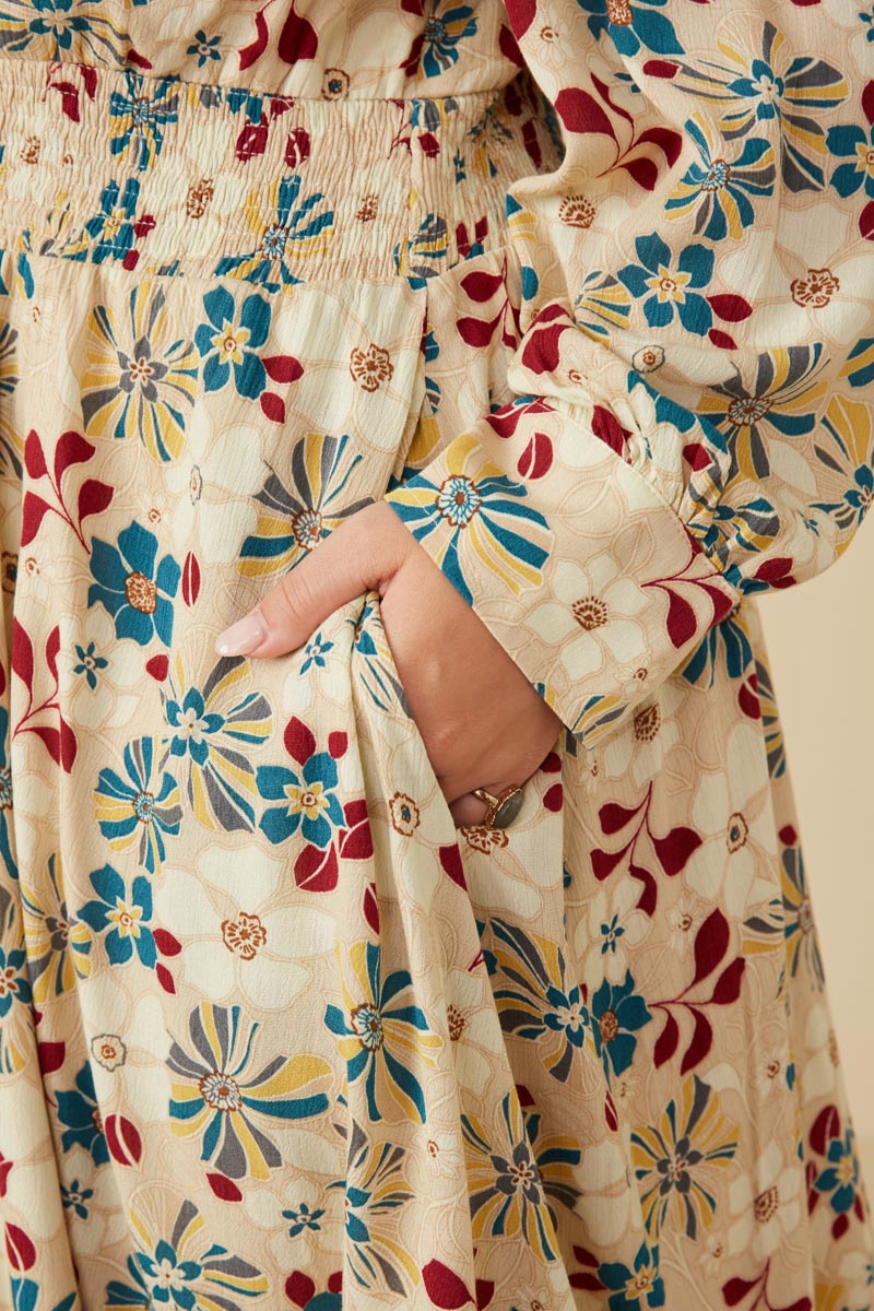 HY7540 Sand Womens Floral Print Button Up V Neck Smock Detail Dress Full Body