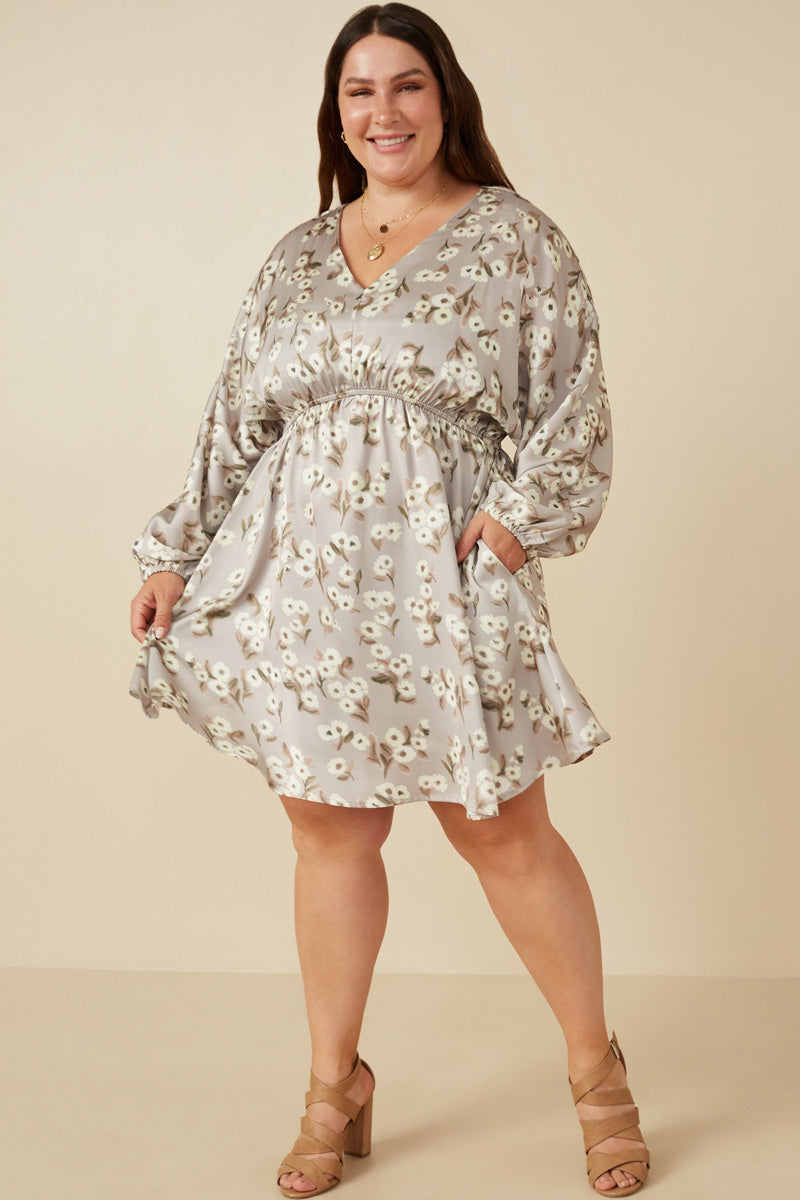 HY7571 Taupe Womens Satin Floral Print V Neck Dolman Sleeve Dress Side