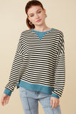 HY7583 Black Womens Contrast Banded Detail Ribbed Stripe Top Front