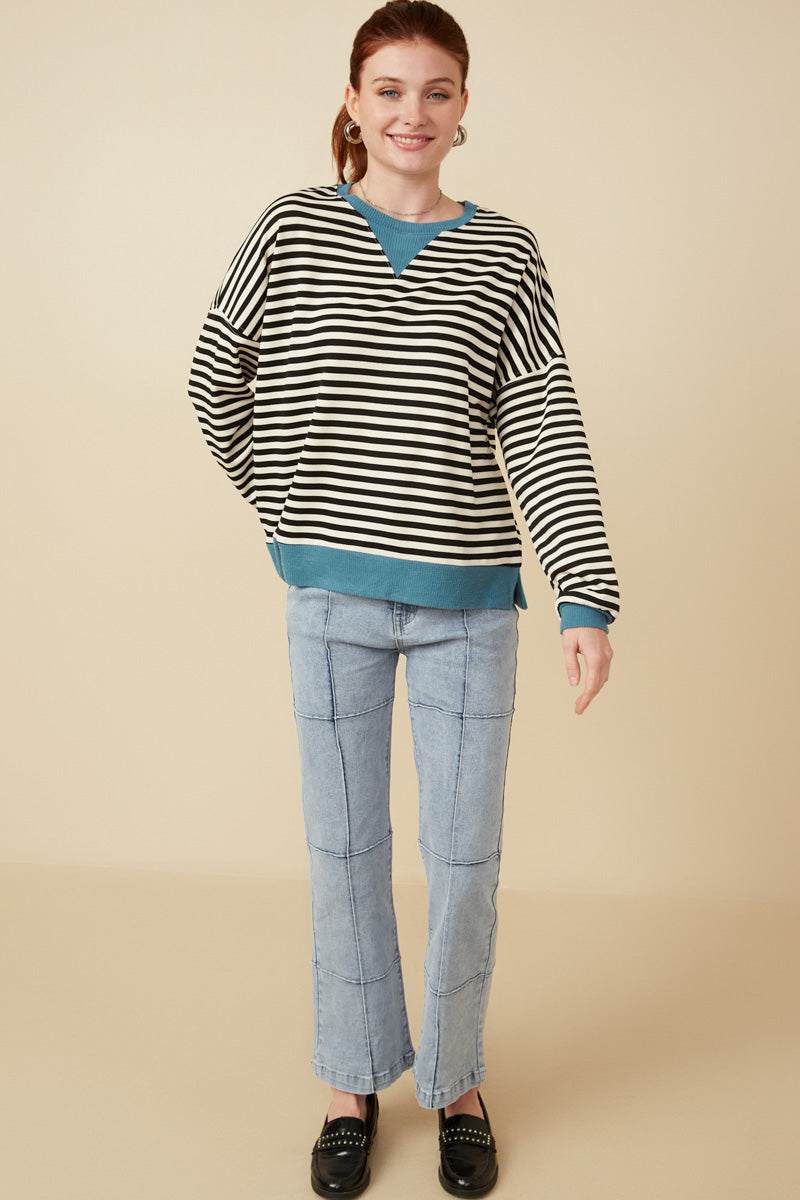 HY7583 Black Womens Contrast Banded Detail Ribbed Stripe Top Gif