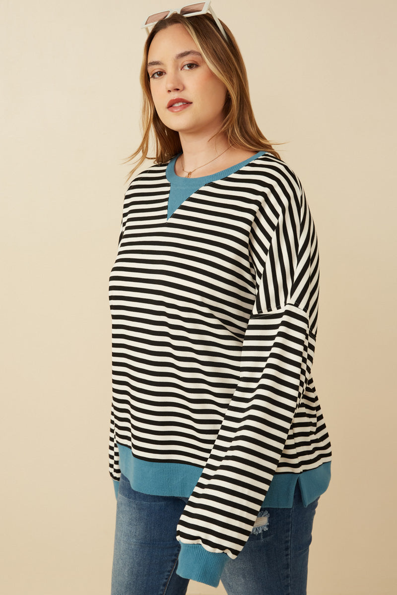 HY7583W Black Plus Contrast Banded Detail Ribbed Stripe Top Gif