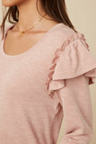 HY7616W Heather Grey Plus Marled Textured Ruffle Detail Scoop Neck Knit Top Side