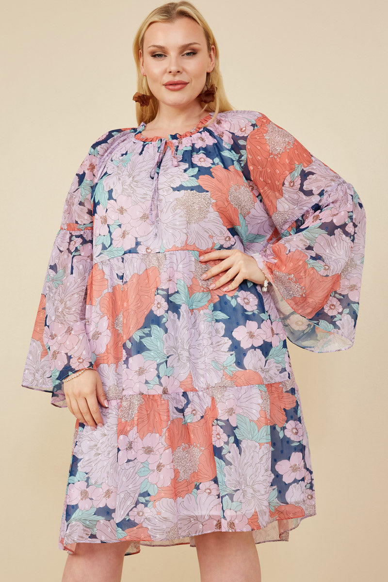 HY7660W Navy Plus Swiss Dot Floral Print Tie Neck Dress Front
