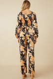 HY7683 Black Womens Satin Floral Smocked Waist Tie Front Jumpsuit Detail