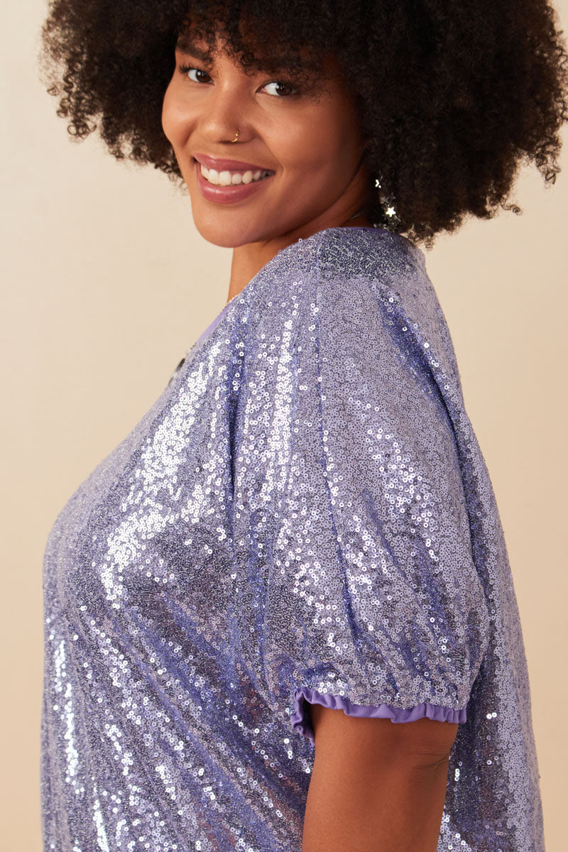 HY7693W Lavender Plus Sequined Short Sleeve Dolman Top Front