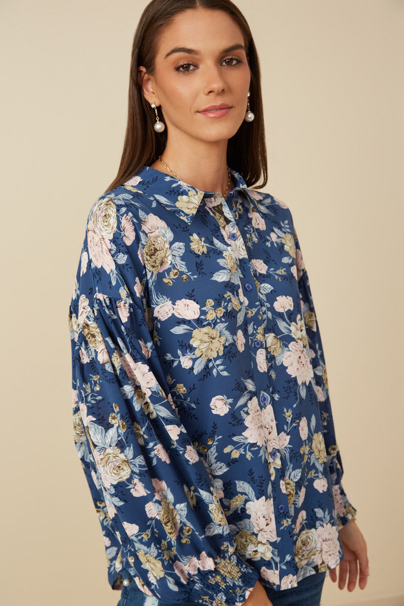 HY7711 Navy Womens Romantic Floral Smocked Cuff Exaggerated Sleeve Shirt Full Body