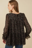 HY7716 Black Womens Ditsy Floral Cinch Sleeve Tiered Top Side