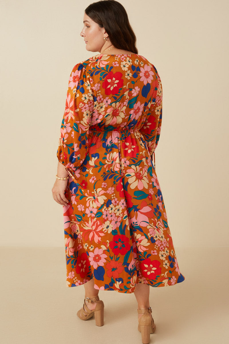 HY7738W Camel Plus Retro Floral Tie Sleeve Button Detail Dress Detail