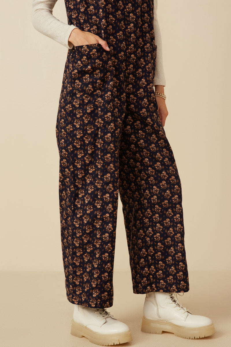 HY7755 Navy Womens Ditsy Floral V Neck Sleeveless Corduroy Jumpsuit Front