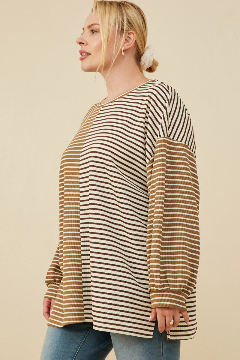 HY7837W Taupe Womens Contrast Panel Stripe Knit Drop Shoulder Knit Top Full Body