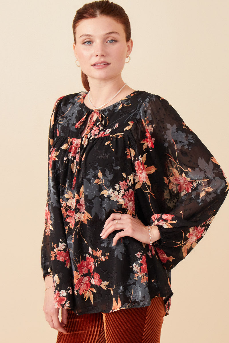 HY7845 Black Womens Burnout Textured Botanical Tie Front Top Front