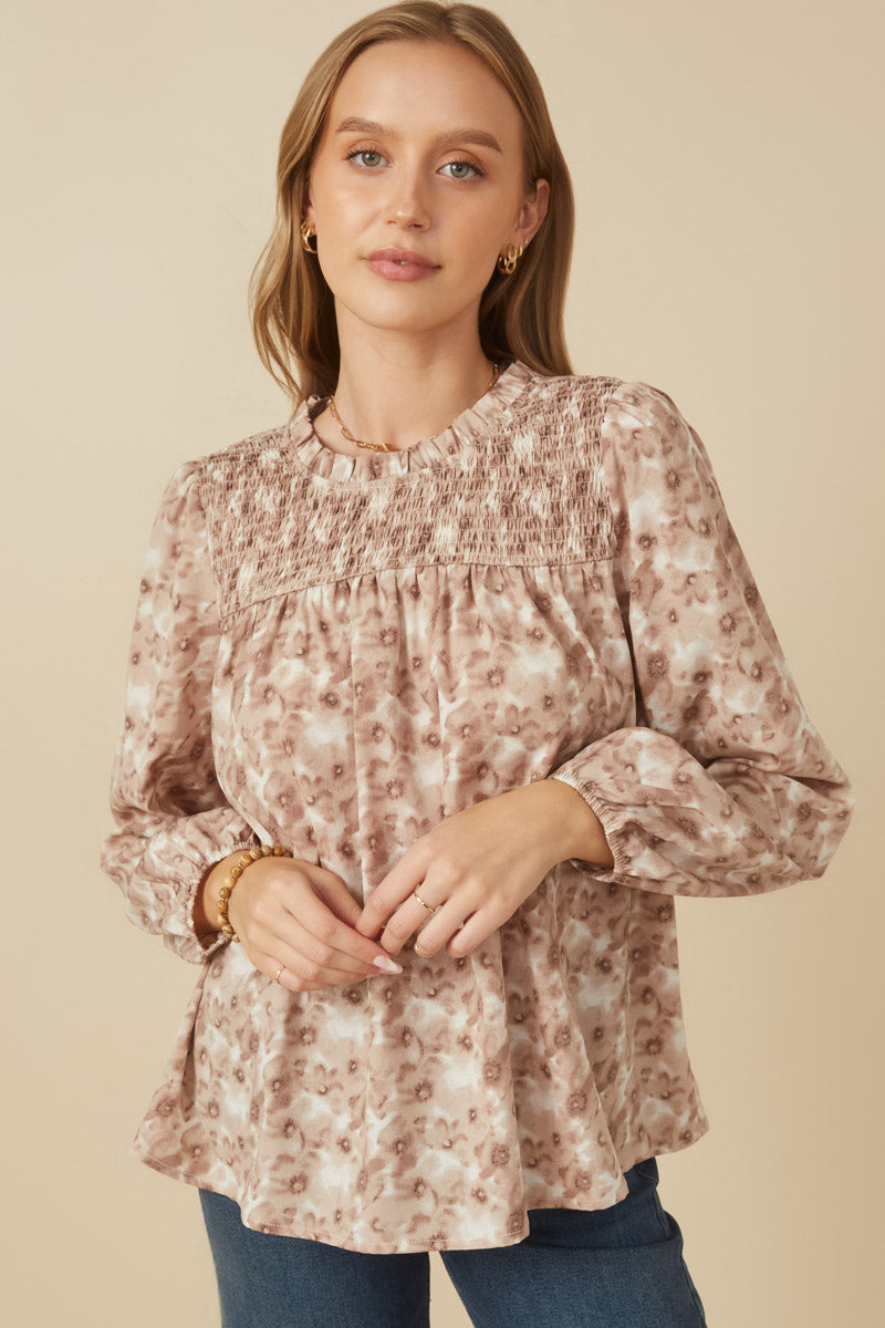 HY7871 Taupe Womens Floral Smocked Yoke Long Sleeve Top Back