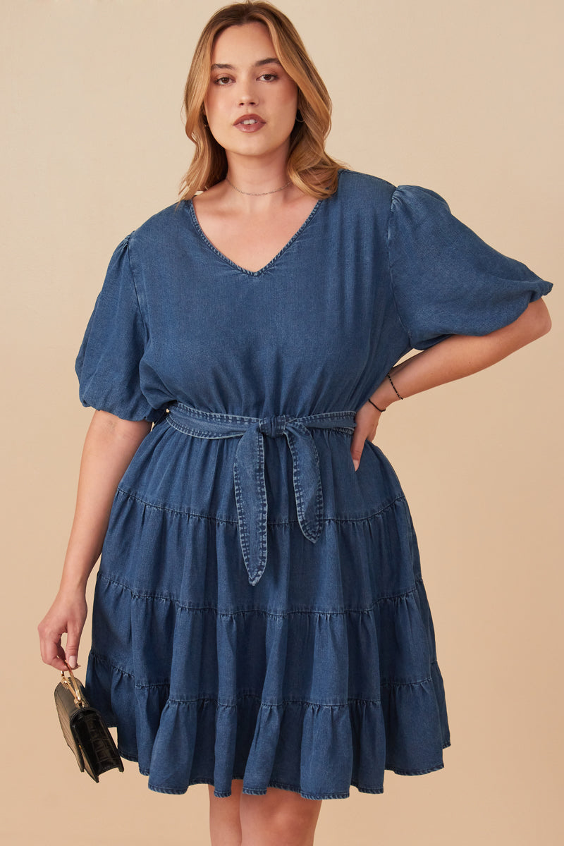 plus size belted denim dress Sweet Society Brown Lace-Up Belted Denim Dress Plus Size