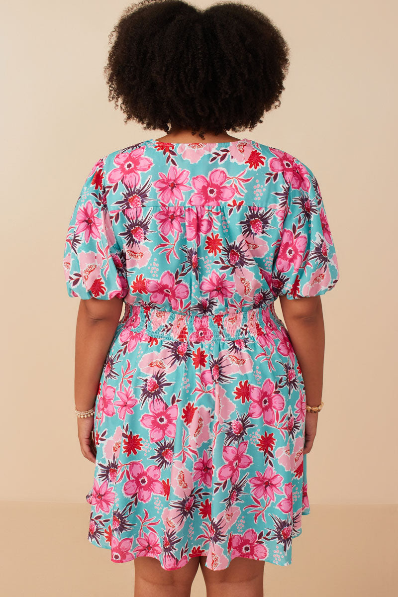 HY7933W Mint Plus Floral Print Smocked Waist Button Dress Front 2