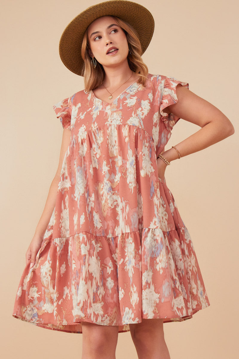 HY8048 Ivory Womens Watercolor V Neck Tiered Ruffled Dress Side