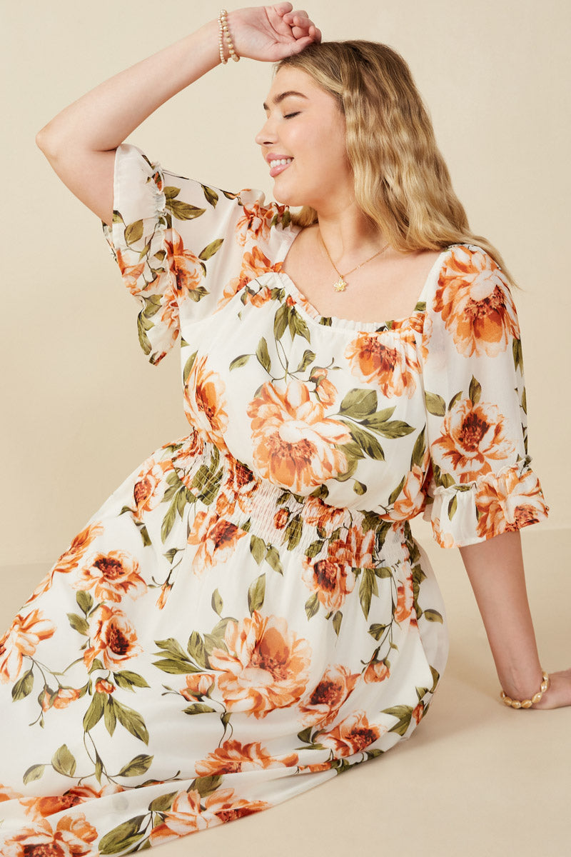 HY8050W Ivory Plus Romantic Floral Smocked Waist Square Neck Dress Back
