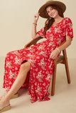 HY8052W Red Plus Floral Smocked Waist Flutter Sleeve Dress Full Body