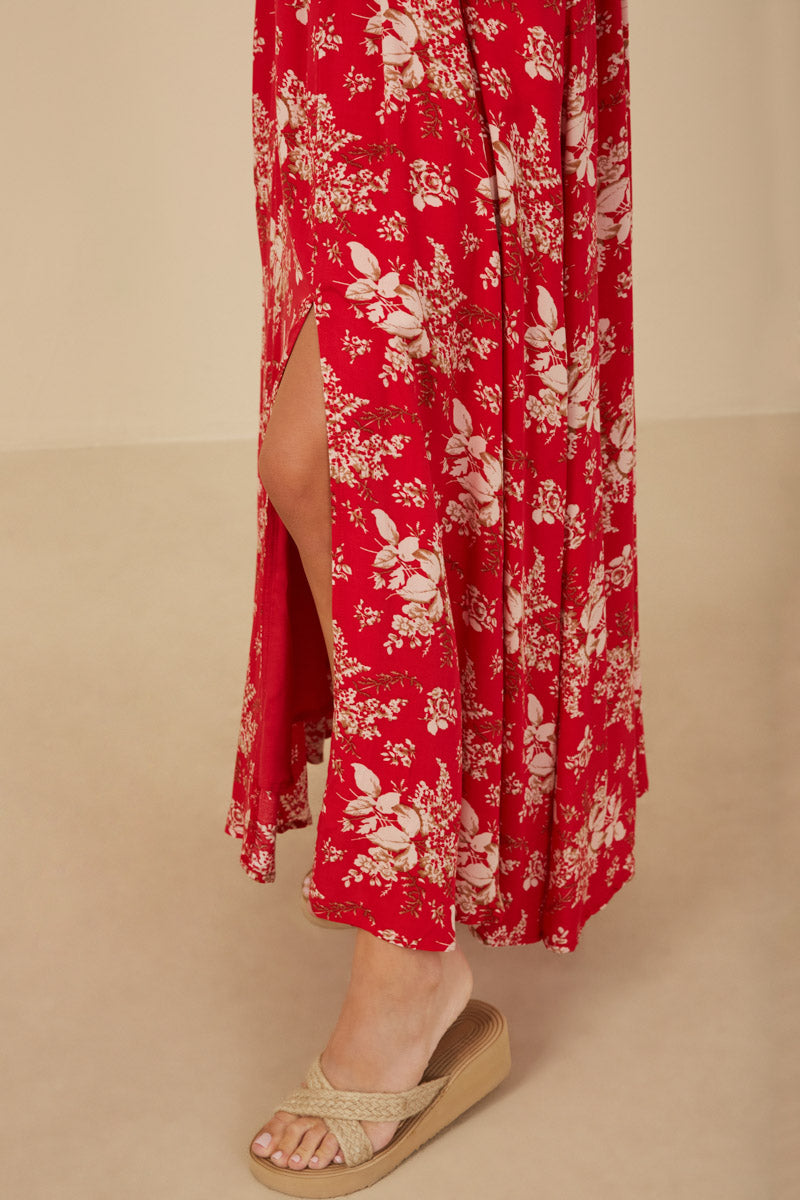 HY8052 Red Womens Floral Smocked Waist Flutter Sleeve Dress Detail