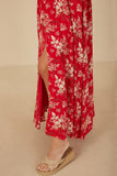HY8052 Red Womens Floral Smocked Waist Flutter Sleeve Dress Detail