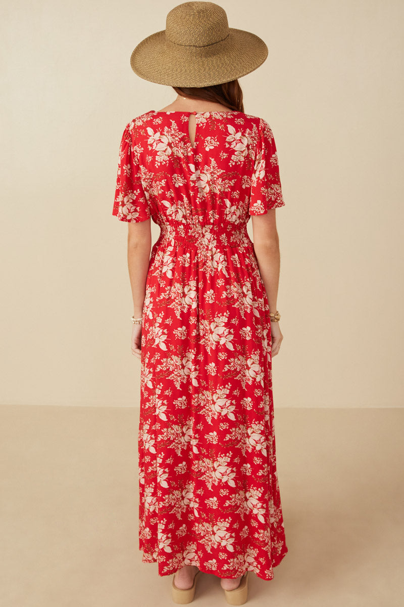 HY8052 Red Womens Floral Smocked Waist Flutter Sleeve Dress Back