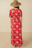 HY8052 Red Womens Floral Smocked Waist Flutter Sleeve Dress Back