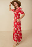 HY8052 Red Womens Floral Smocked Waist Flutter Sleeve Dress Side