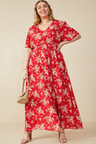 HY8052 Red Womens Floral Smocked Waist Flutter Sleeve Dress Pose