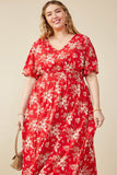 HY8052W Red Plus Floral Smocked Waist Flutter Sleeve Dress Front