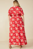 HY8052W Red Plus Floral Smocked Waist Flutter Sleeve Dress Back