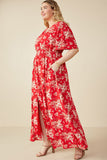 HY8052W Red Plus Floral Smocked Waist Flutter Sleeve Dress Side