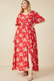 HY8052W Red Plus Floral Smocked Waist Flutter Sleeve Dress Full Body 2