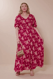 HY8052W Red Plus Floral Smocked Waist Flutter Sleeve Dress Gif