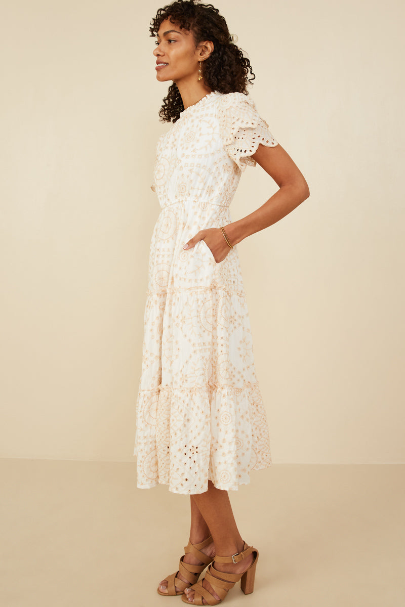 HY8058W Pink Plus Eyelet Lace Scallop Sleeve Midi Dress Gif
