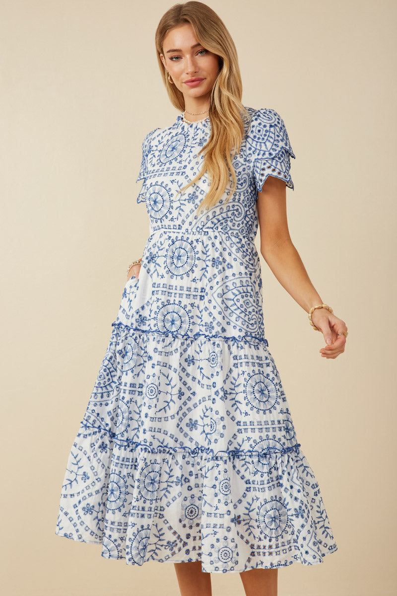 HY8058W Blue Plus Eyelet Lace Scallop Sleeve Midi Dress Side