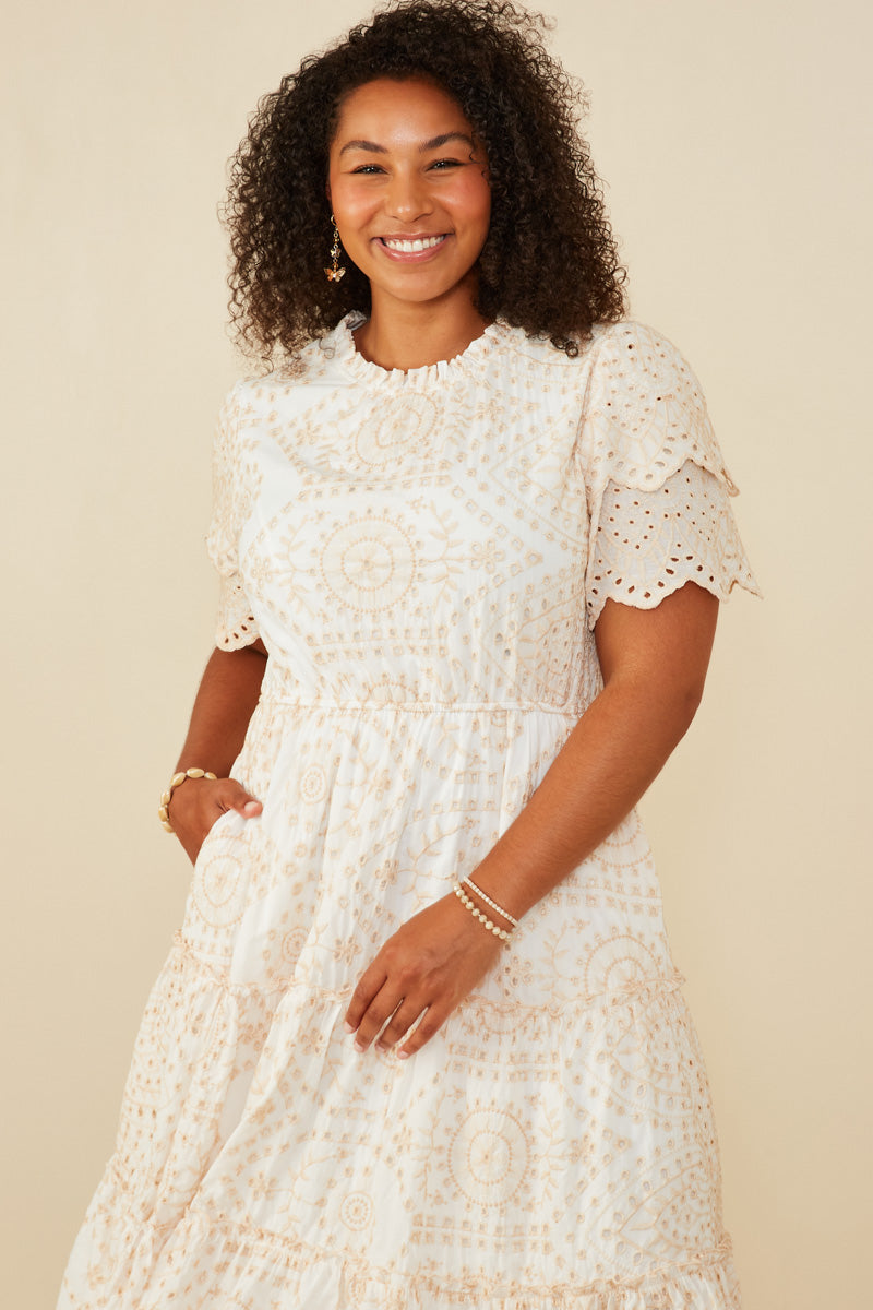 HY8058 Beige Womens Eyelet Lace Scallop Sleeve Midi Dress Front