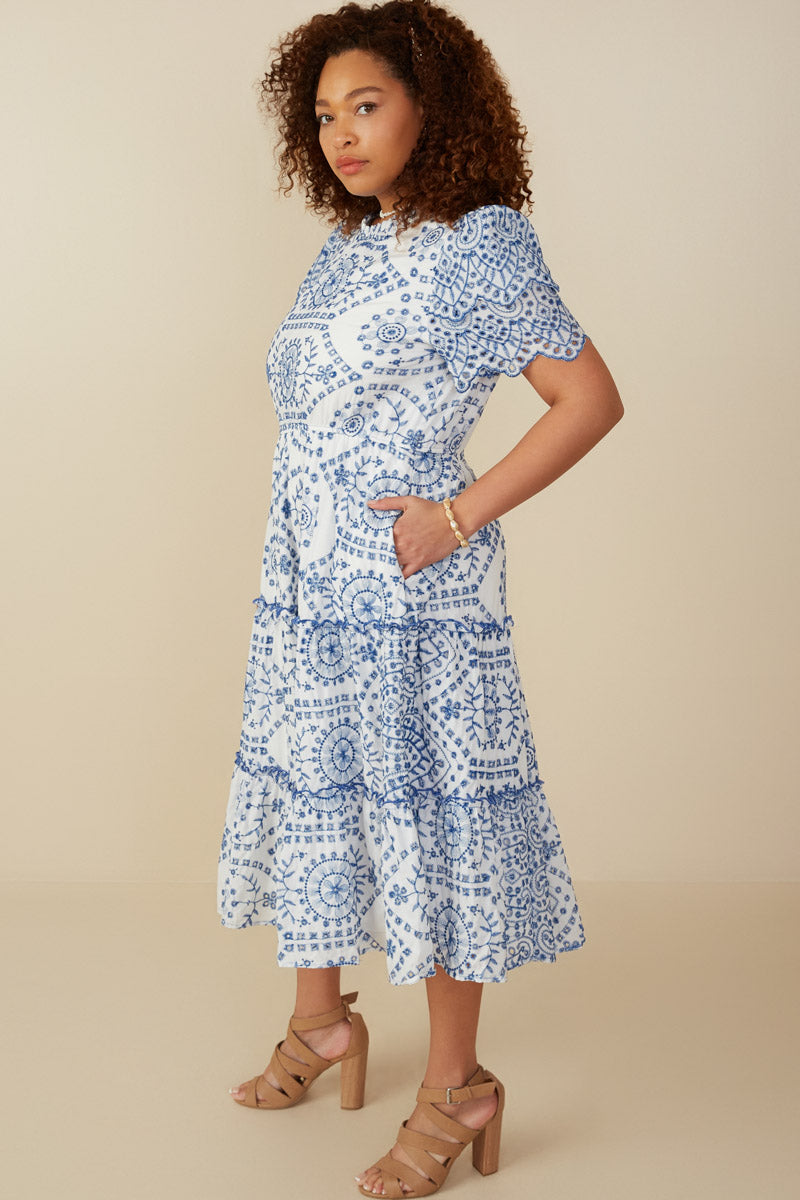 HY8058 Womens Eyelet Lace Scallop Sleeve Midi Dress Pose