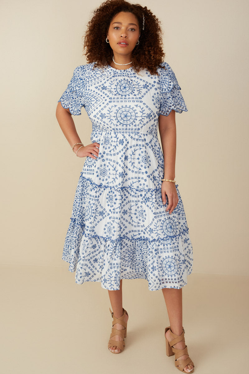 HY8058W Blue Plus Eyelet Lace Scallop Sleeve Midi Dress Gif