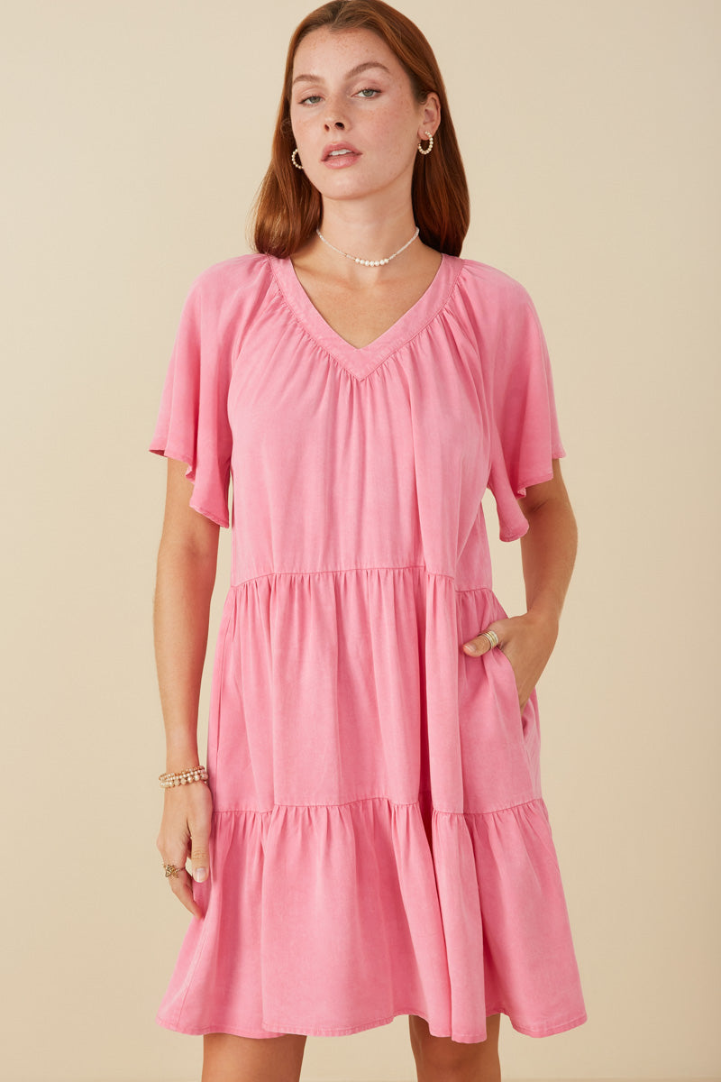 Womens Washed Tencel Tiered Dress