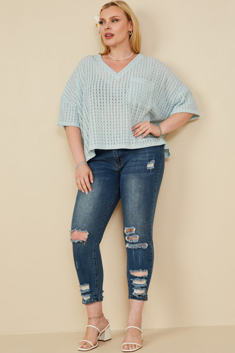 HY8183 Blue Womens Rippled Textured V Neck Boxy T Shirt Back