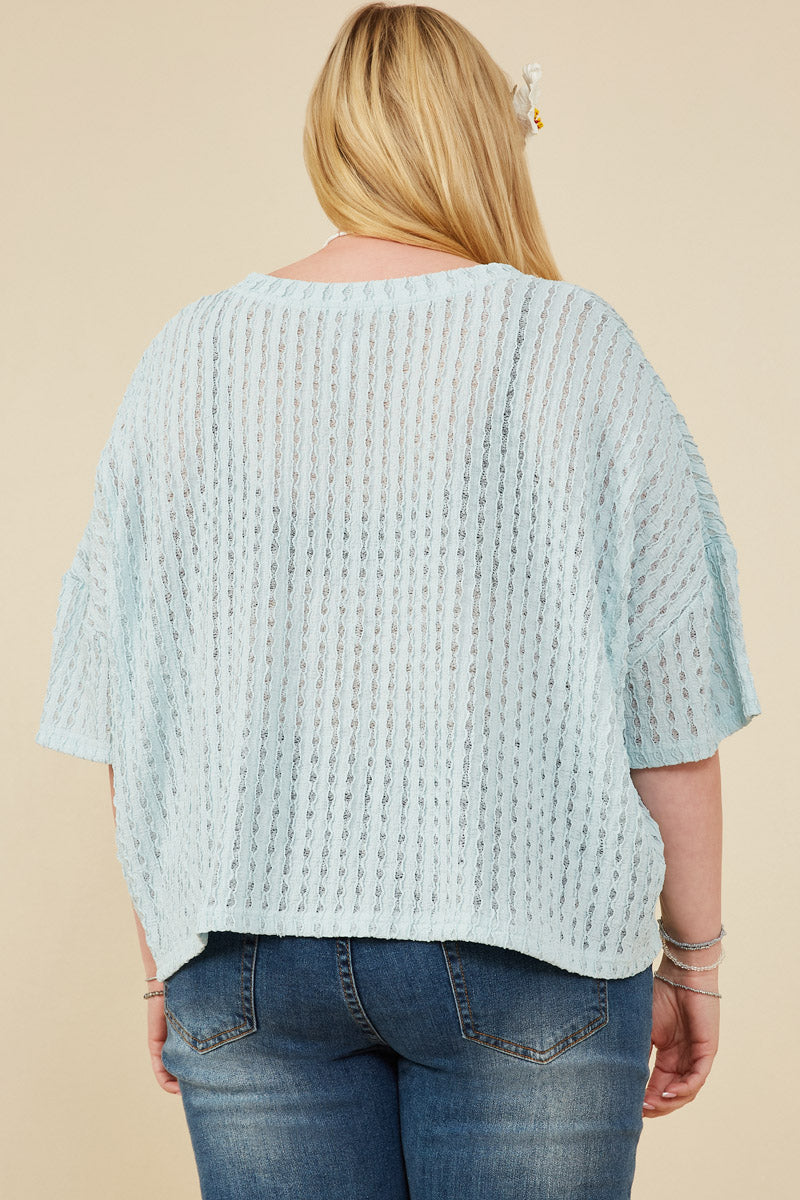 HY8183W Blue Plus Rippled Textured V Neck Boxy T Shirt Full Body
