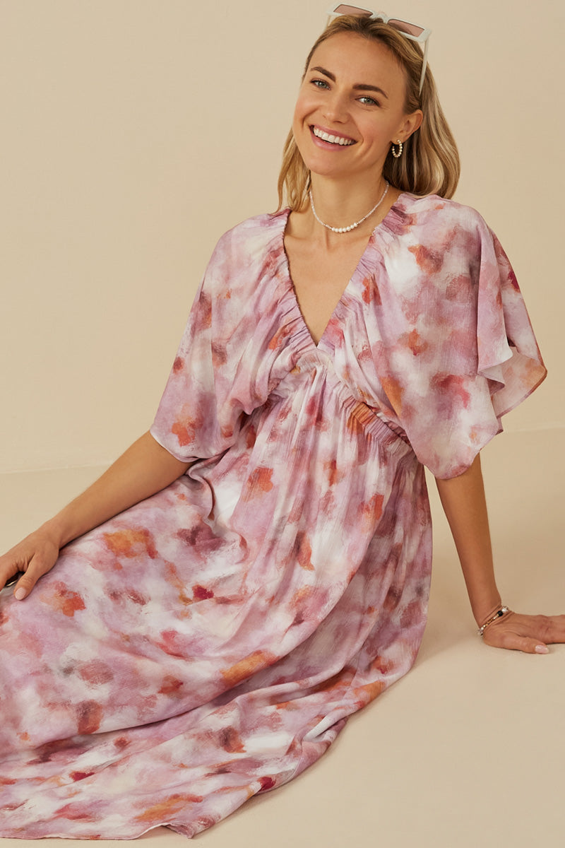 HY8194W Pink Plus Hazy Floral Elastic Detail Dress Front