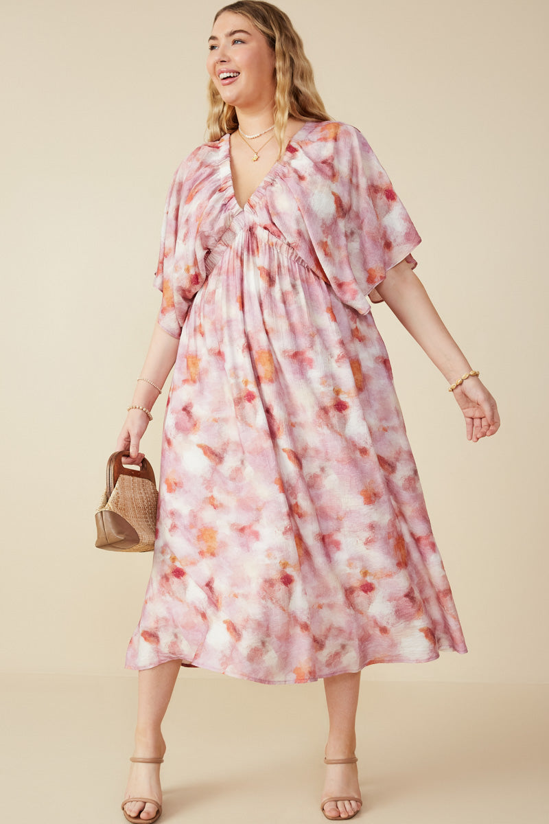 HY8194W Pink Plus Hazy Floral Elastic Detail Dress Full Body